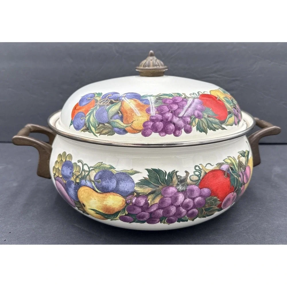 Vintage Cornucopia Dutch Oven Enamel Fruit Covered Lid Pot Brass Casserole